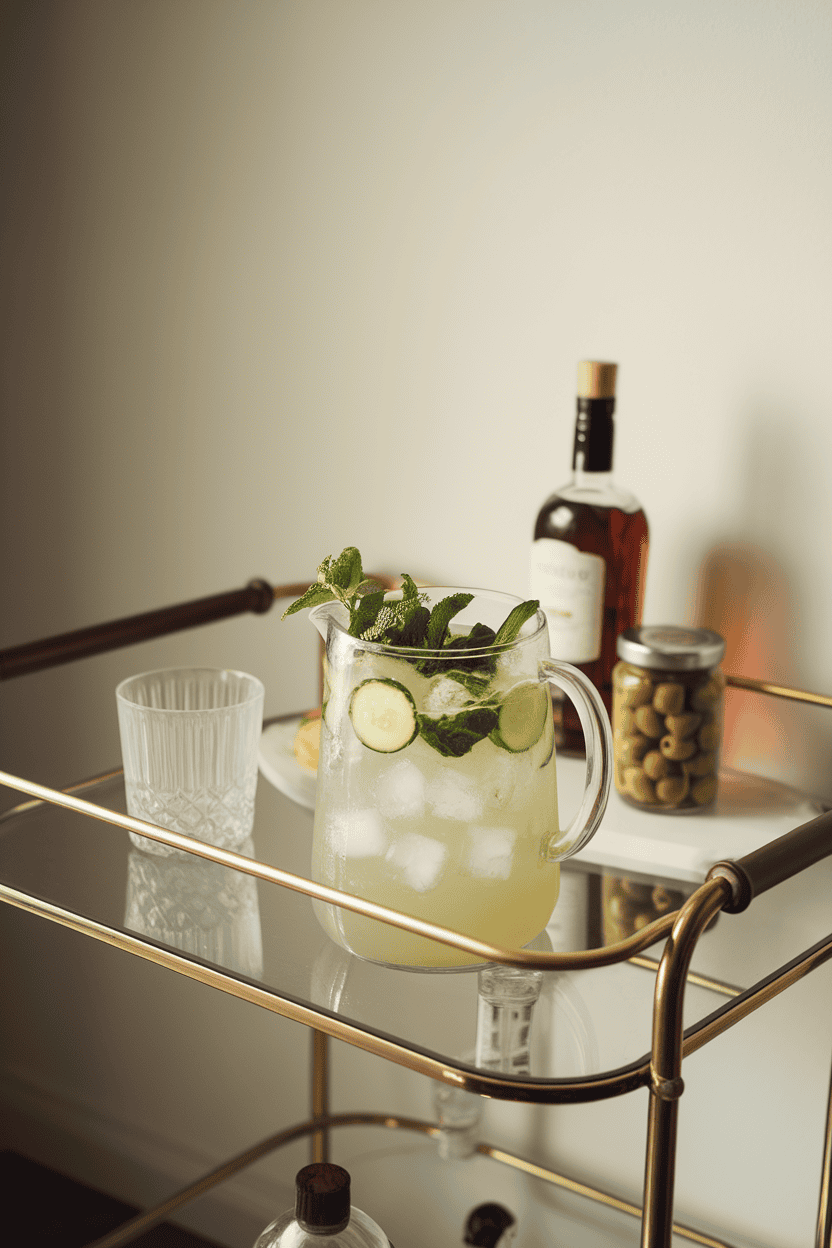 An indoor bar cart with a clear pitcher of pale green beverage, ice cubes, cucumber slices, and mint sprigs floating inside. No text or logos visible.