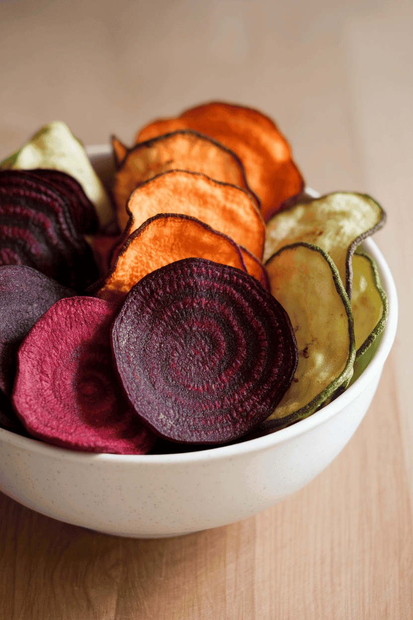 Indoor white bowl of baked beet, sweet potato, and zucchini chips, colors vibrant. Neutral background, no text or logos, photo only.