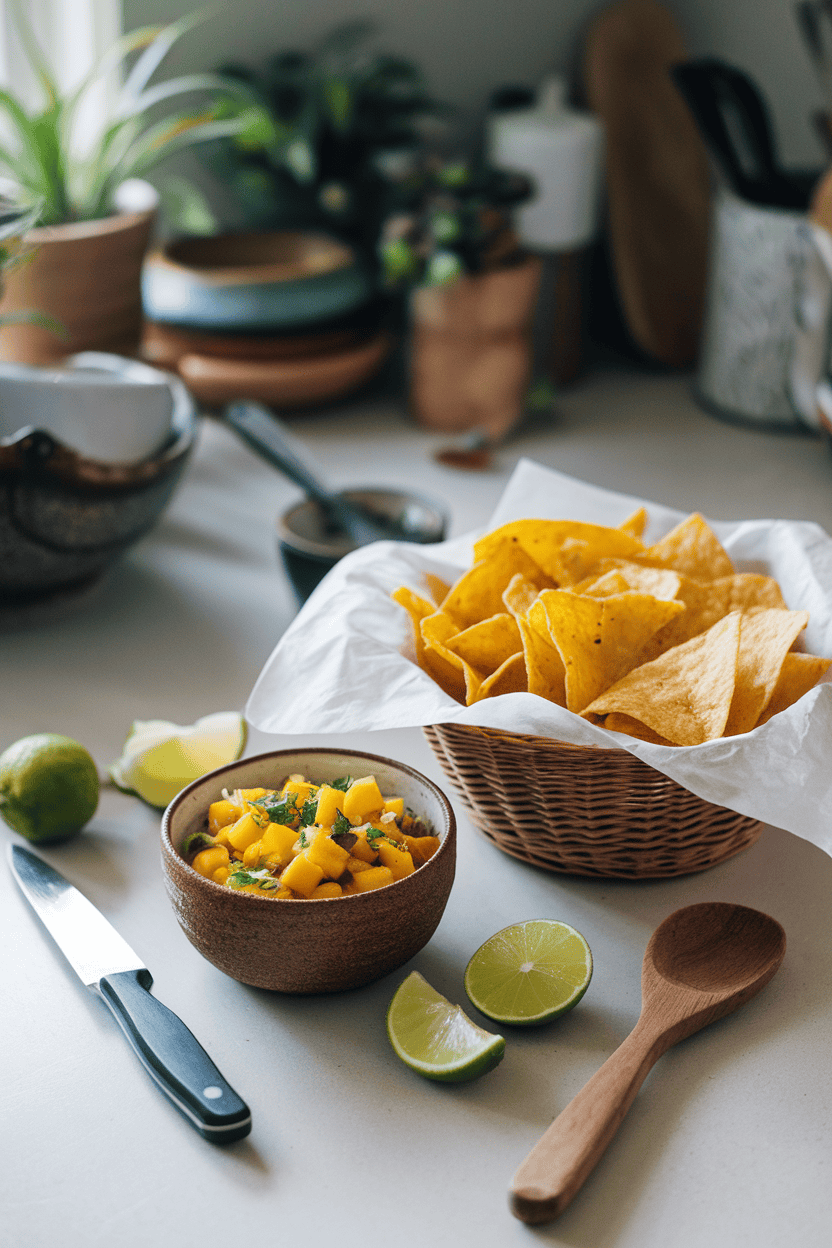 Indoor kitchen counter with a small ceramic bowl of chunky mango salsa beside a basket of baked tortilla chips. Diffused daylight, no text or logos.