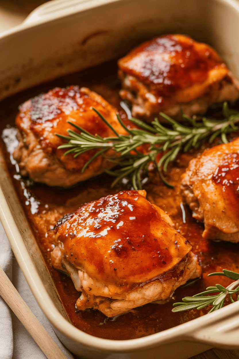 Photo of glazed chicken thighs on a baking dish, garnished with rosemary sprigs; indoor lighting; no logos or text.