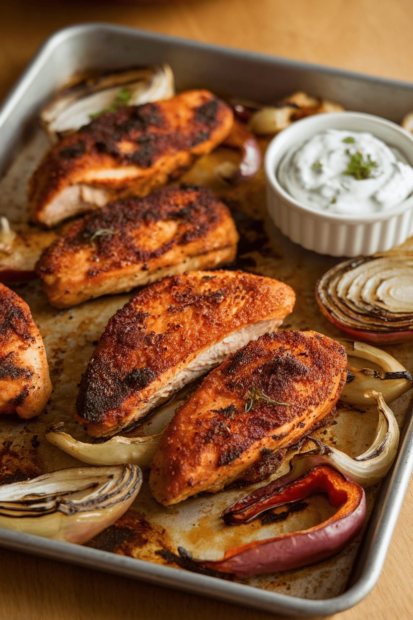 Photo of a sheet pan with spiced chicken strips, roasted onions, and bell peppers, served alongside a small bowl of tzatziki; indoor; no logos or text.