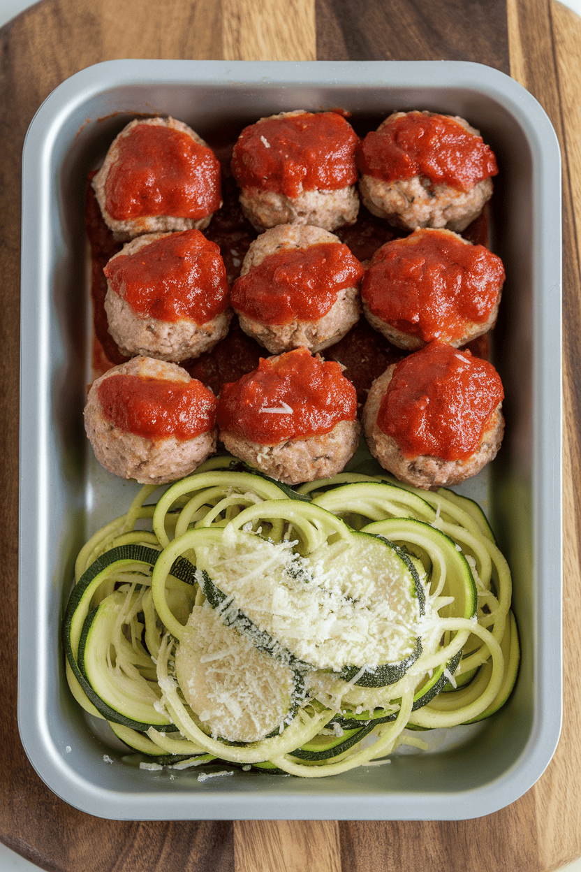An indoor meal prep tray showing bite-sized turkey meatballs glazed with marinara, a nest of cooked zucchini noodles, and a sprinkle of grated Parmesan; no text or logos; photo only.