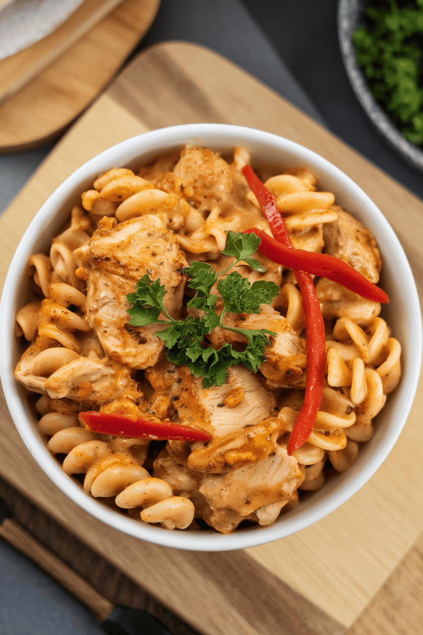 Photo of a bowl of creamy Cajun spiced chicken pasta with bell pepper strips and parsley topping; indoor, overhead; no logos or text.