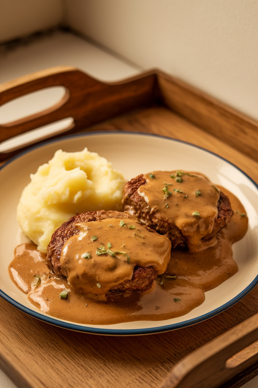 Indoor photo of oval Salisbury steak patties smothered in brown onion gravy on a dinner plate, mashed potatoes on the side. Warm lighting, no logos or text. Photo, not illustration.