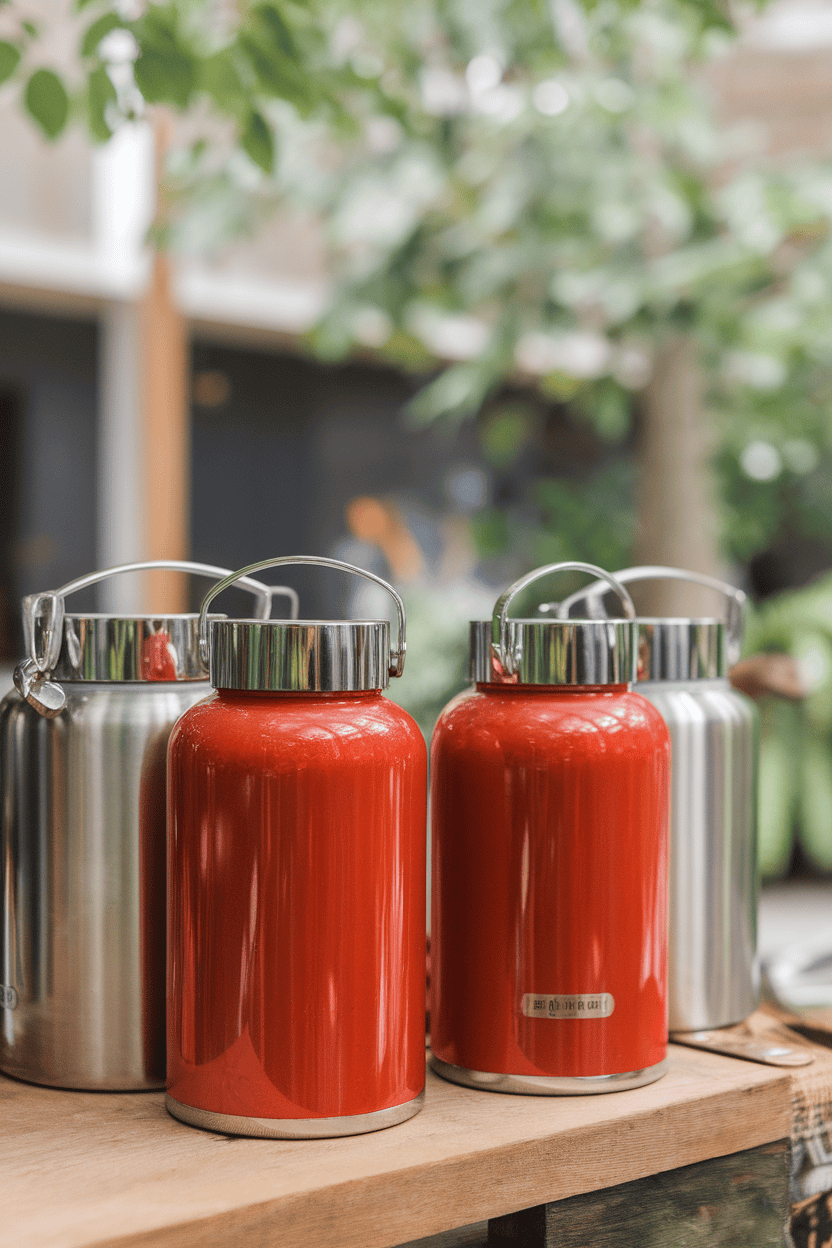 Indoor scene of stainless-steel vacuum flasks filled with bright red gazpacho, lids off to reveal the soup. No text or logos.