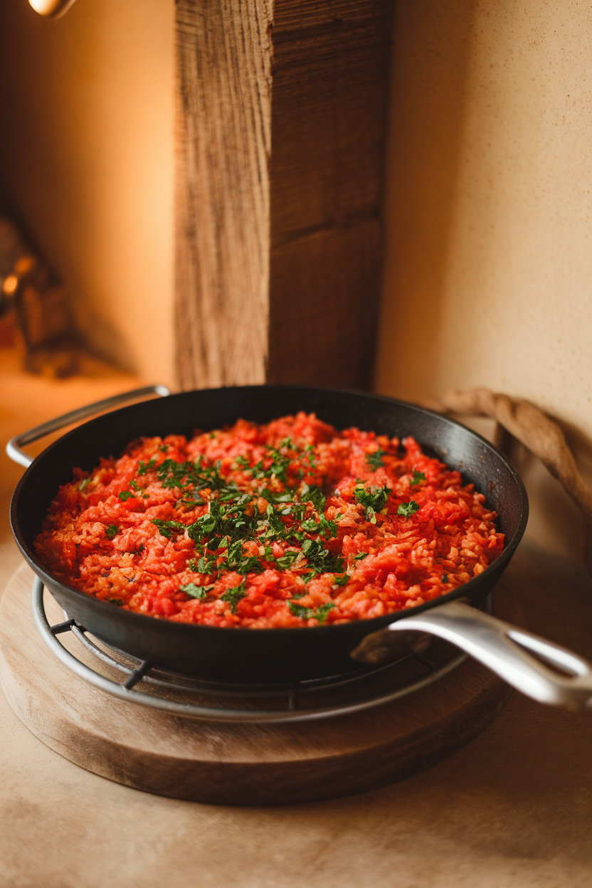 Indoor photo of a skillet filled with vibrant red tomato garlic rice, flecked with chopped parsley, sitting on a trivet. Warm kitchen lighting, no text or logos.