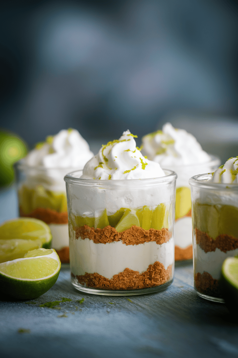 Indoor photo of small glass jars layered with graham cracker crust, creamy key lime filling, and a dollop of whipped cream, tops dusted with lime zest. Soft, cool lighting; no text or logos.