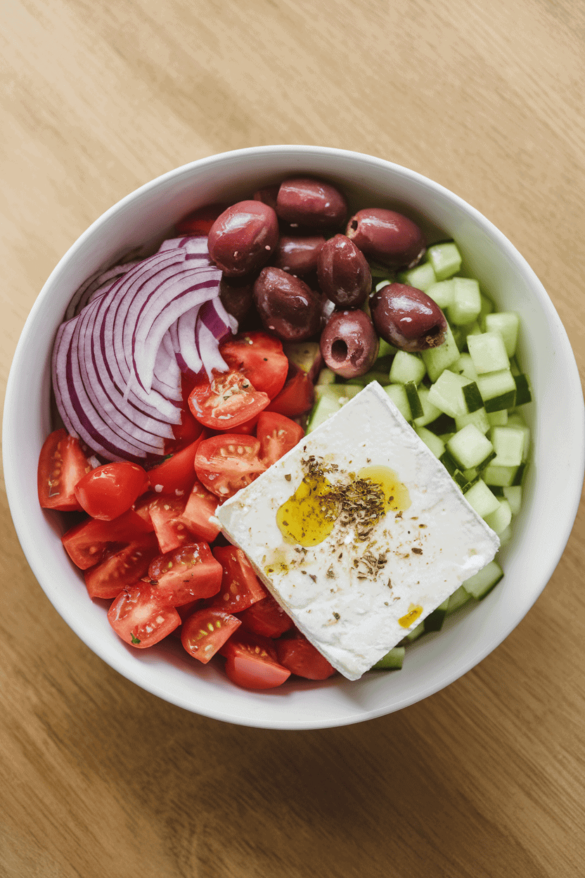 A brightly lit indoor tabletop scene with a shallow white bowl holding chopped tomatoes, cucumbers, red onion, Kalamata olives, and a slab of feta drizzled with olive oil and oregano. No text or logos anywhere.