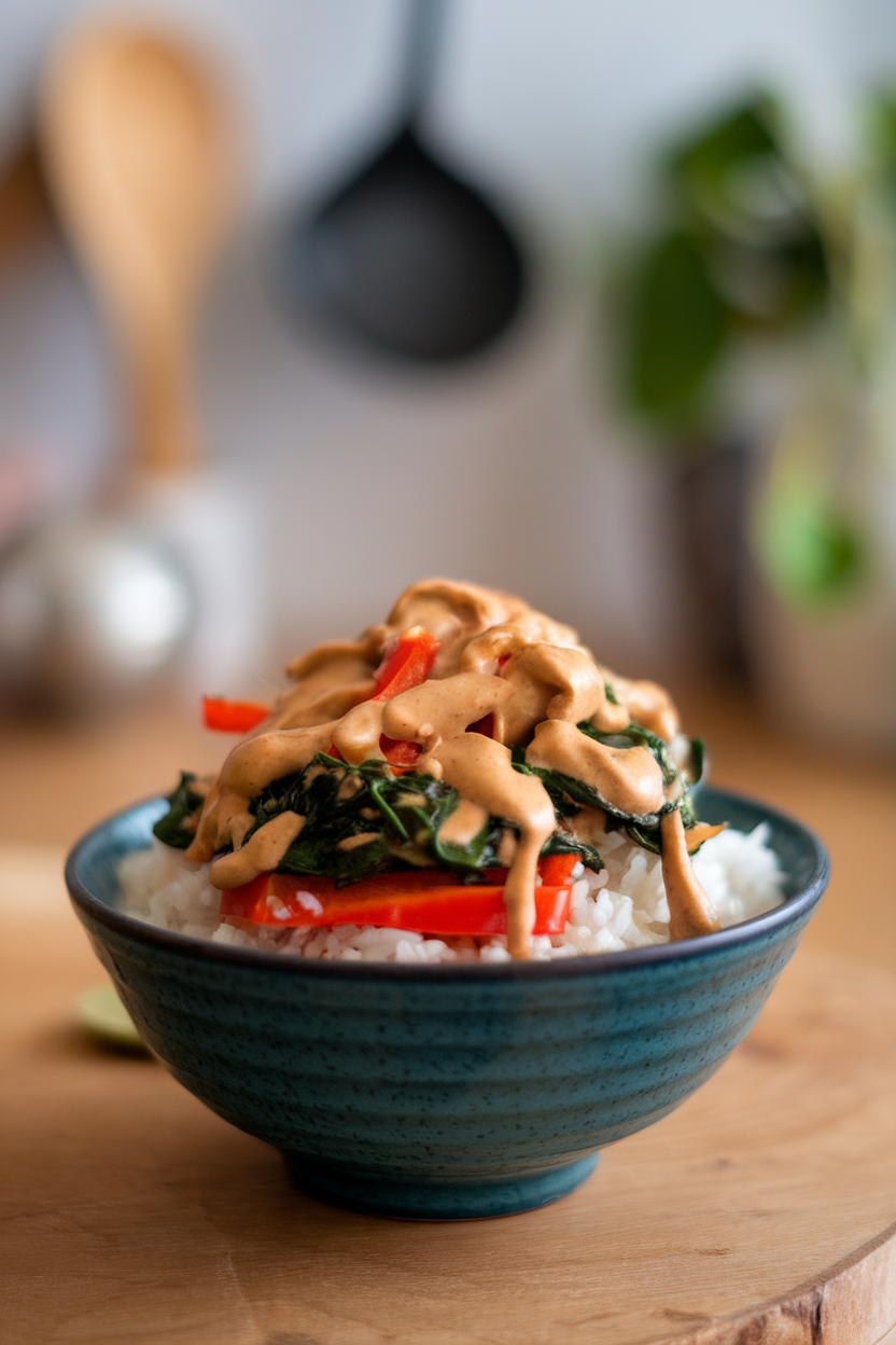 Indoor photo of a bowl of rice drizzled with creamy peanut sauce and topped with sautéed vegetables like bell pepper and spinach. No logos or text present.