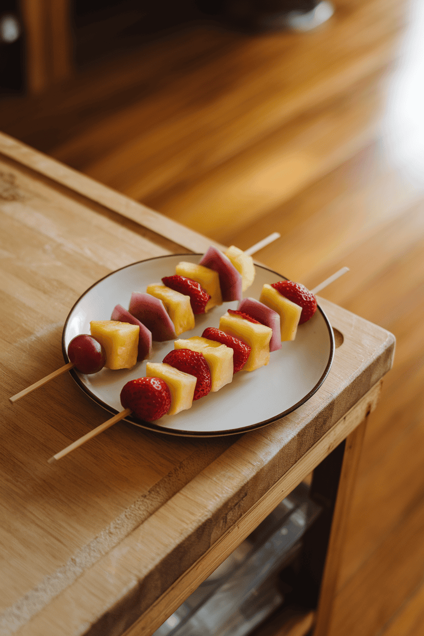 Indoor prep table with wooden skewers threaded with alternating cubes of pineapple, grapes, and strawberries, laid on a platter. Warm indoor lighting, no text or logos, photo only.