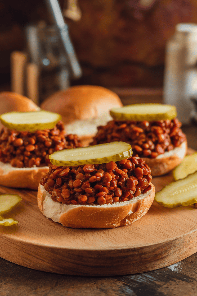 Indoor photo of open-faced buns topped with saucy BBQ lentil mixture, a few pickle chips on the side. No text or logos.