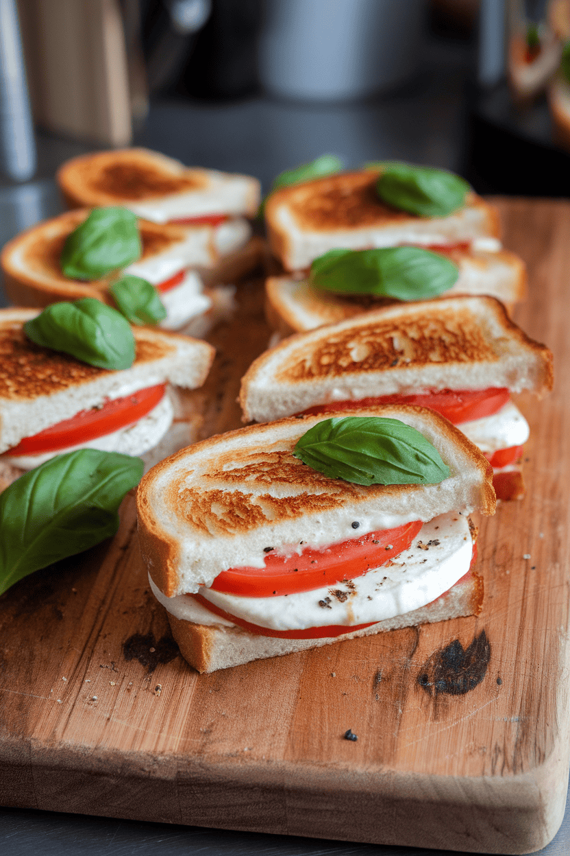 Indoor cutting board displaying sliced grilled cheese sandwiches with melted mozzarella, tomato, and basil leaves visible in the cross-section. No text or logos.