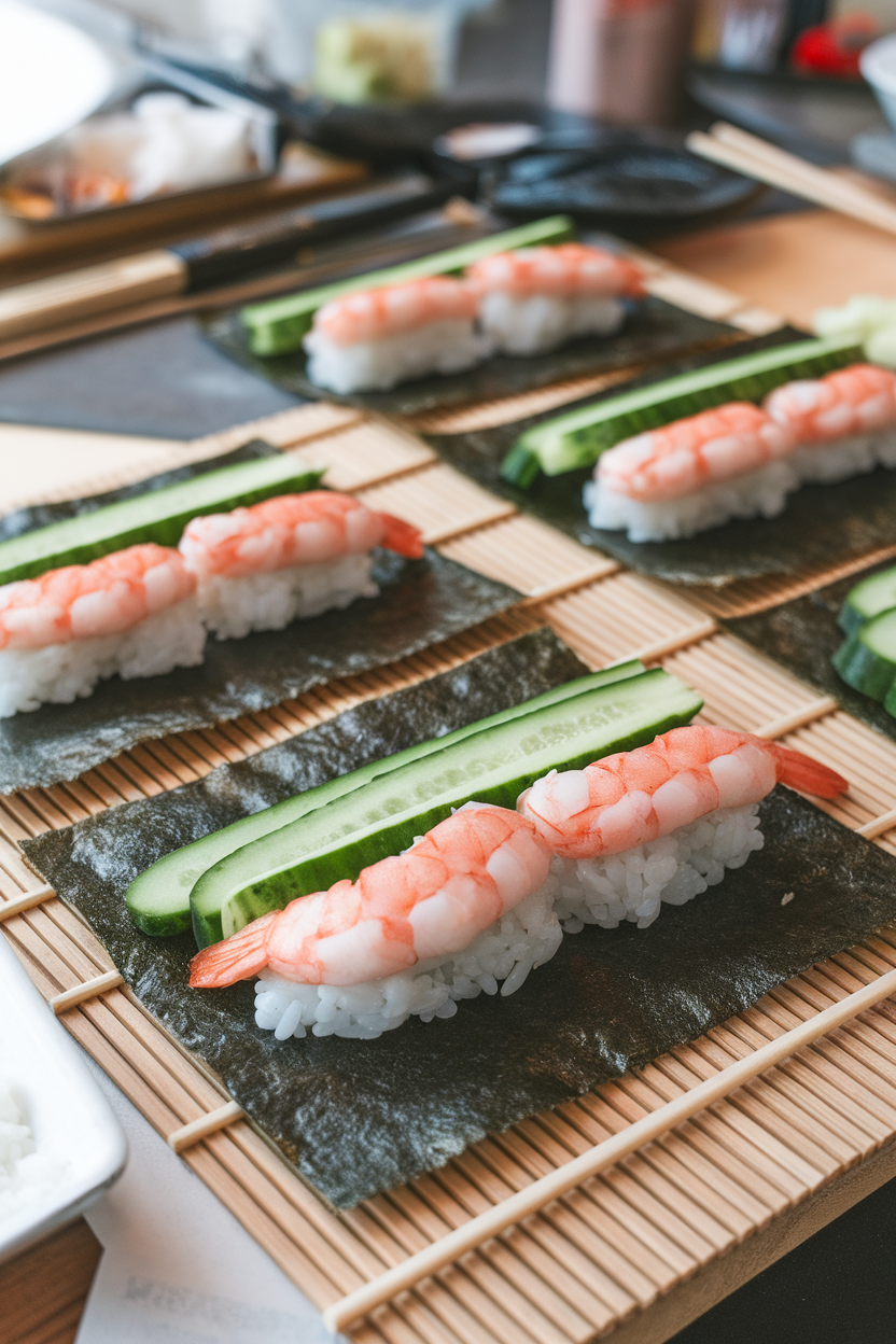 Indoor photo of several nori sheets laid out with rice, cooked shrimp, cucumber strips, and avocado slices ready to roll. No branding or text visible.
