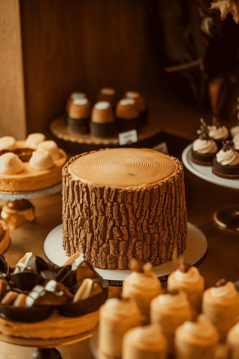 A warmly lit indoor pastry display with a tree-stump cake featuring textured bark frosting and concentric ring detail on top. No logos or text visible; photograph.