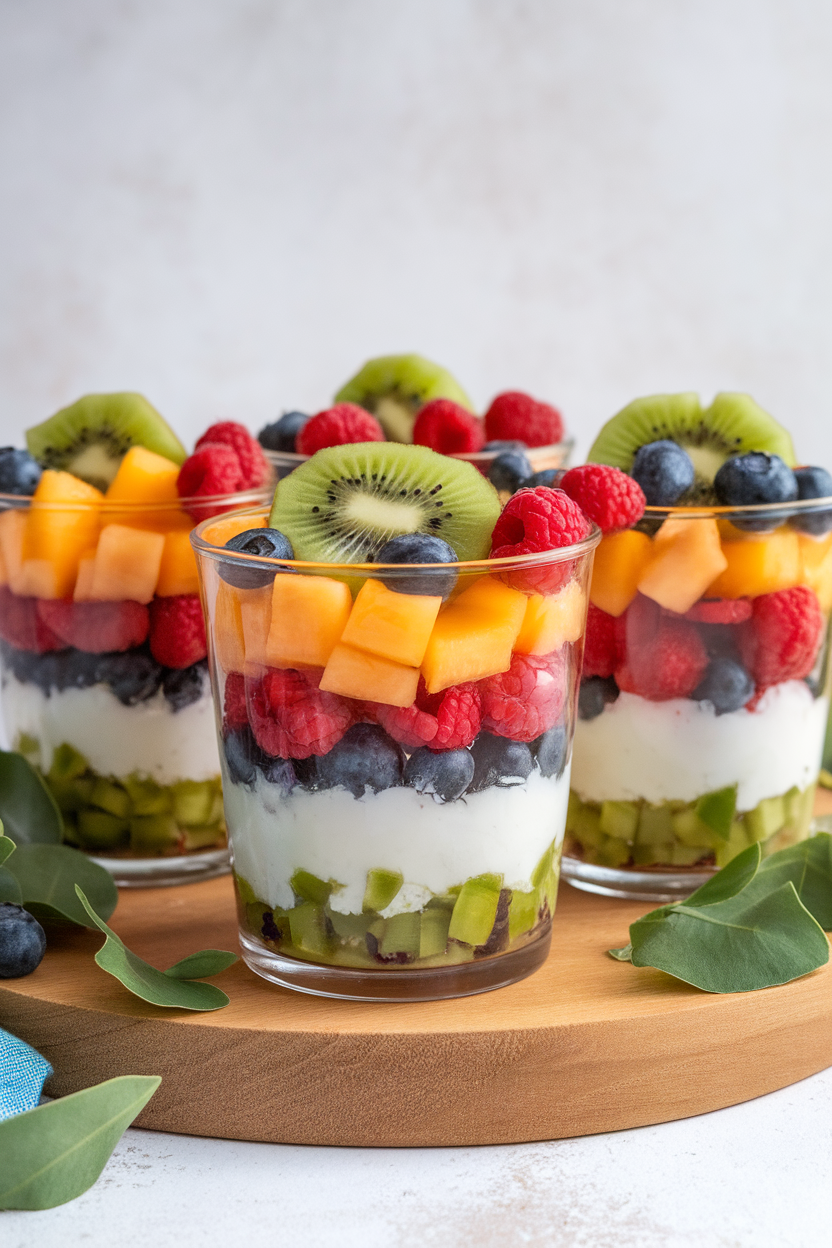 A trio of clear indoor cups layered with colorful chopped melon, berries, and kiwi, no text or logos, photograph only.