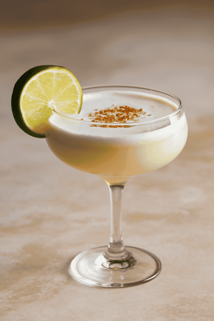 Photo, indoors, coupe glass of creamy-white coconut daiquiri, lime wheel perched on rim, smooth surface. No text or logos.