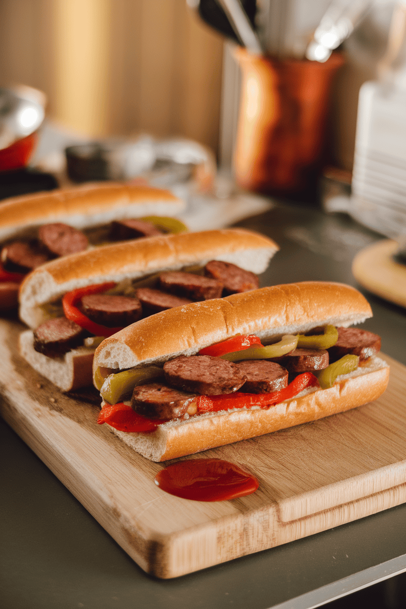 A cutting board on an indoor table holding toasted hoagie rolls stuffed with sautéed sausage slices, bell peppers, and onions, a drip of marinara visible. No logos or text anywhere.