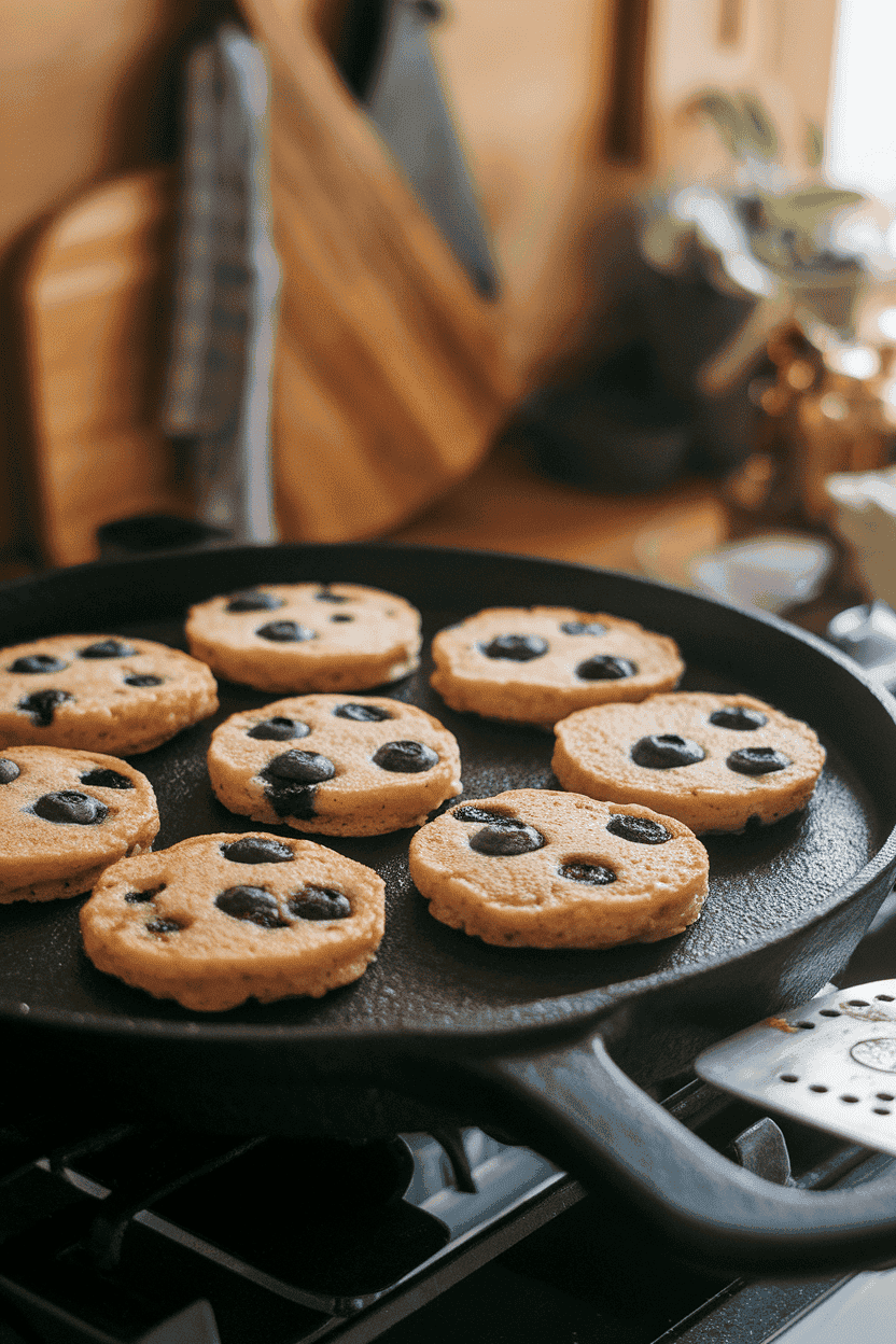 An indoor cast-iron griddle holding several small cornmeal pancakes studded with blueberries, golden edges visible; no branding, warm kitchen light. Photo, not illustration.