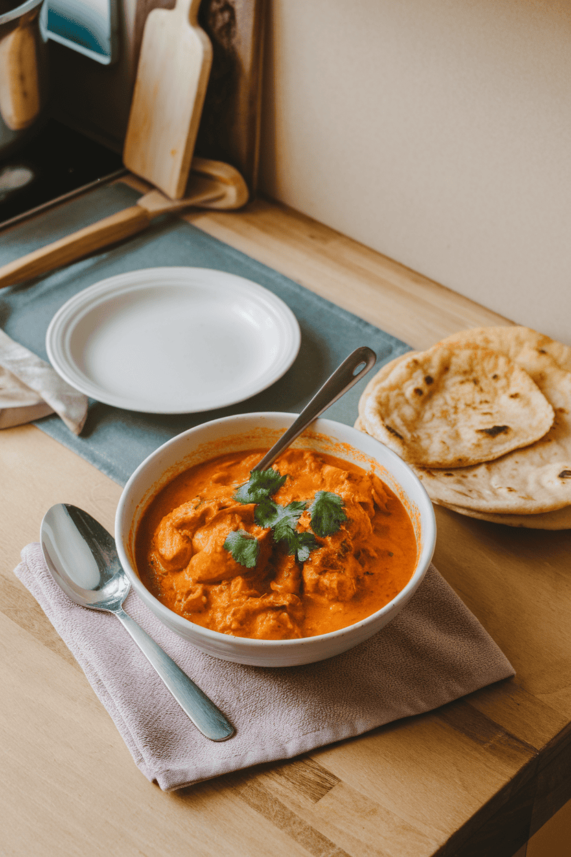 Indoor kitchen table with a bowl of orange-hued chicken tikka masala garnished with cilantro, naan pieces nearby; no text or logos visible.