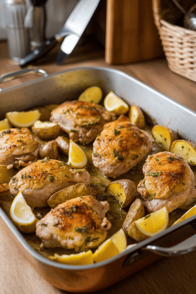 An indoor kitchen table featuring a roasting pan of cooked chicken pieces and potato wedges coated in lemon-herb juices. No logos or text present.