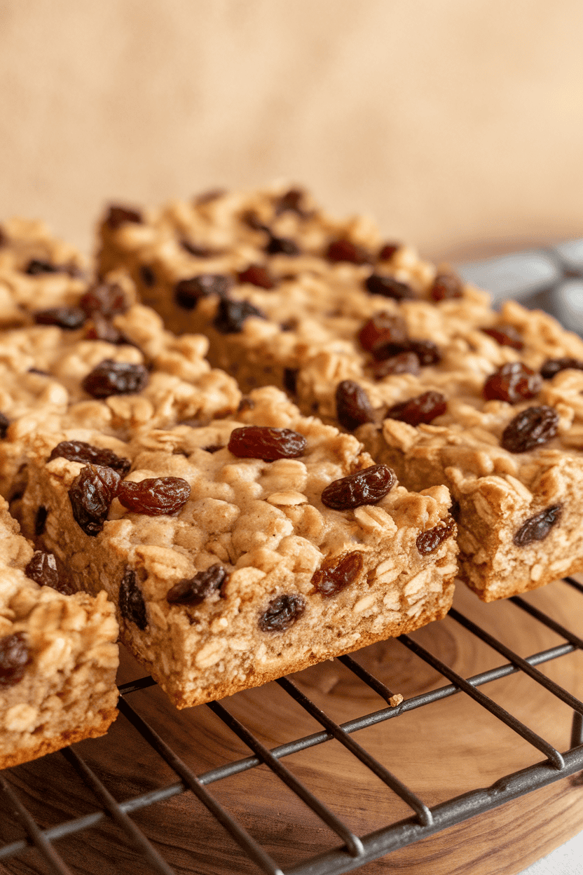 Indoor shot of homemade oatmeal raisin bars cut into rectangles on a cooling rack, edges golden. No logos.