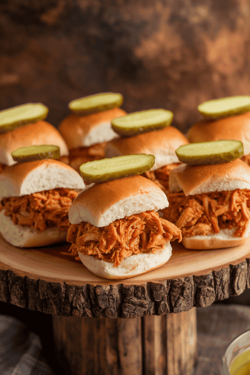 A wooden indoor serving board lined with mini buns stuffed with saucy pulled chicken, pickle chips visible; no text or logos. Photo, not illustration.