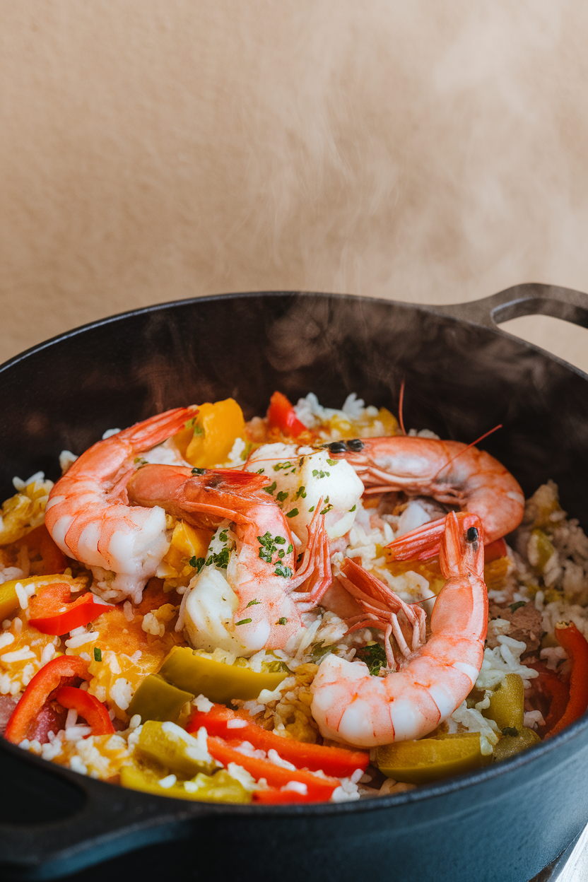 Indoor photo of cooked jambalaya—pink shrimp, chunks of white fish, rice, and bell peppers—in a cast-iron pot. Steam rising, no logos or text.