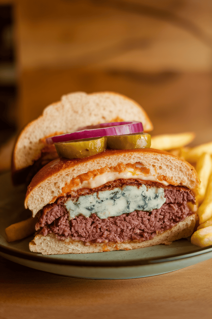 Warm indoor plate holding a sliced burger revealing melted blue cheese core, garnished with pickles and red onion. Photo only, no text or logos.