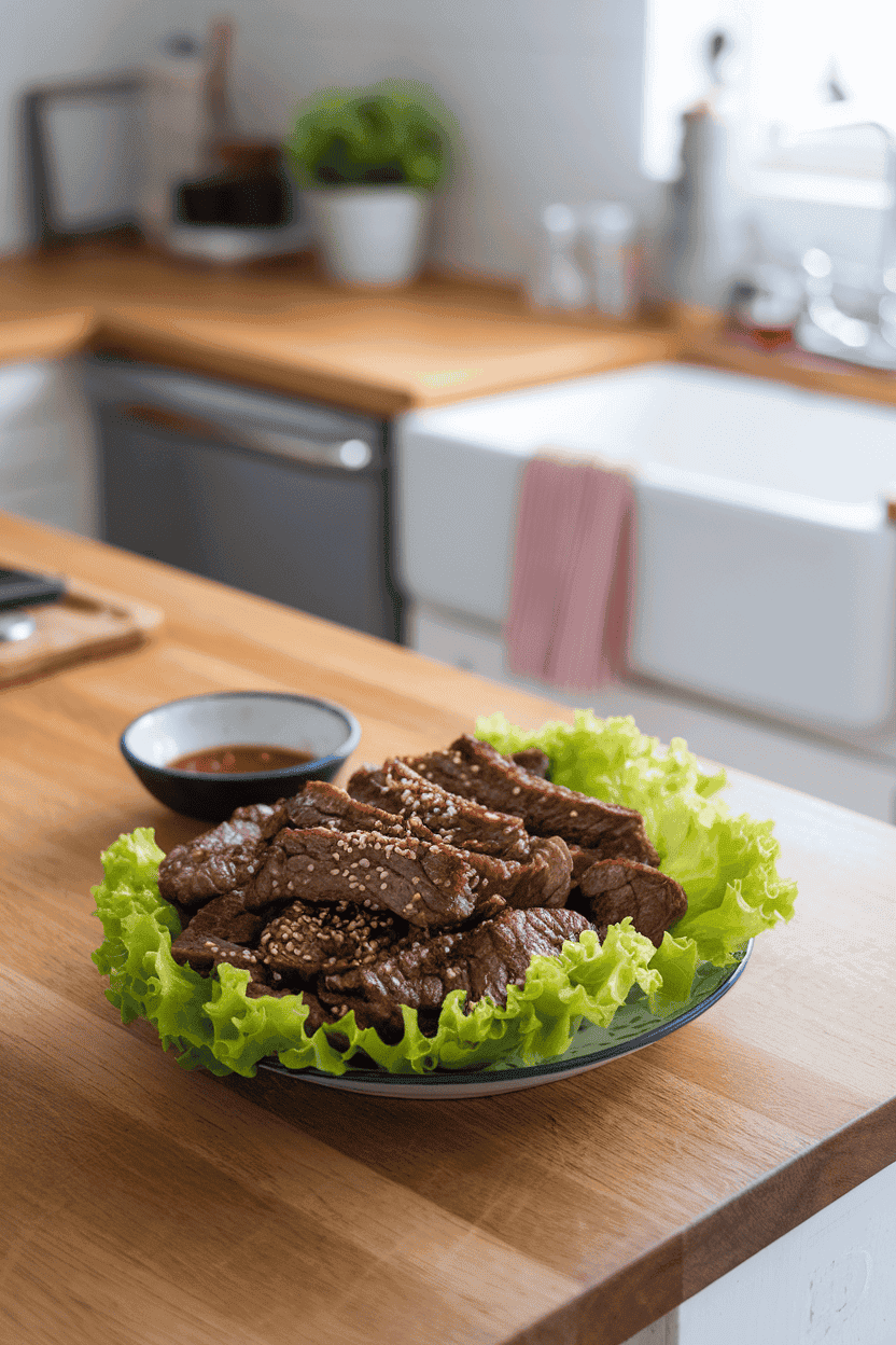 Indoor kitchen island displaying grilled bulgogi beef strips nestled in butter lettuce cups with a sprinkle of sesame seeds. Photo only, no text or logos.