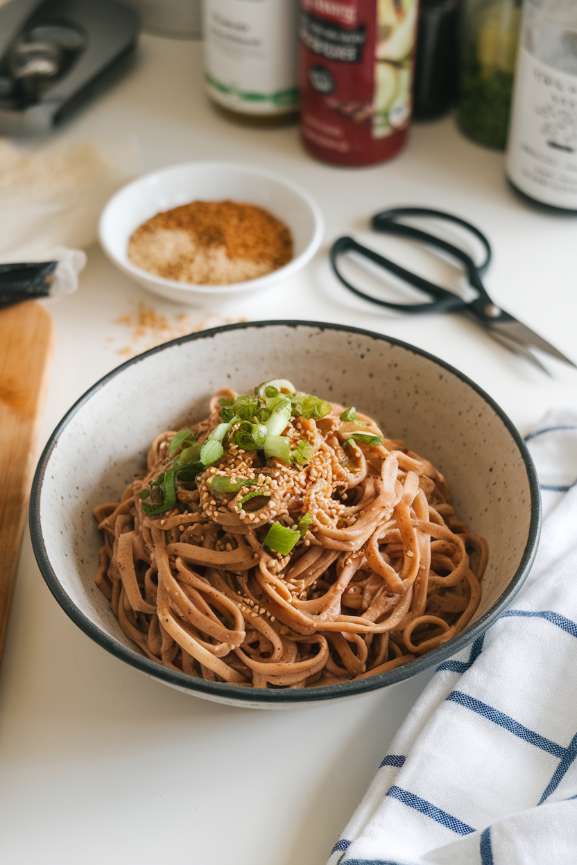 Indoor kitchen counter featuring a shallow bowl of chilled noodles coated in sesame dressing, garnished with scallions and sesame seeds. No text or logos.