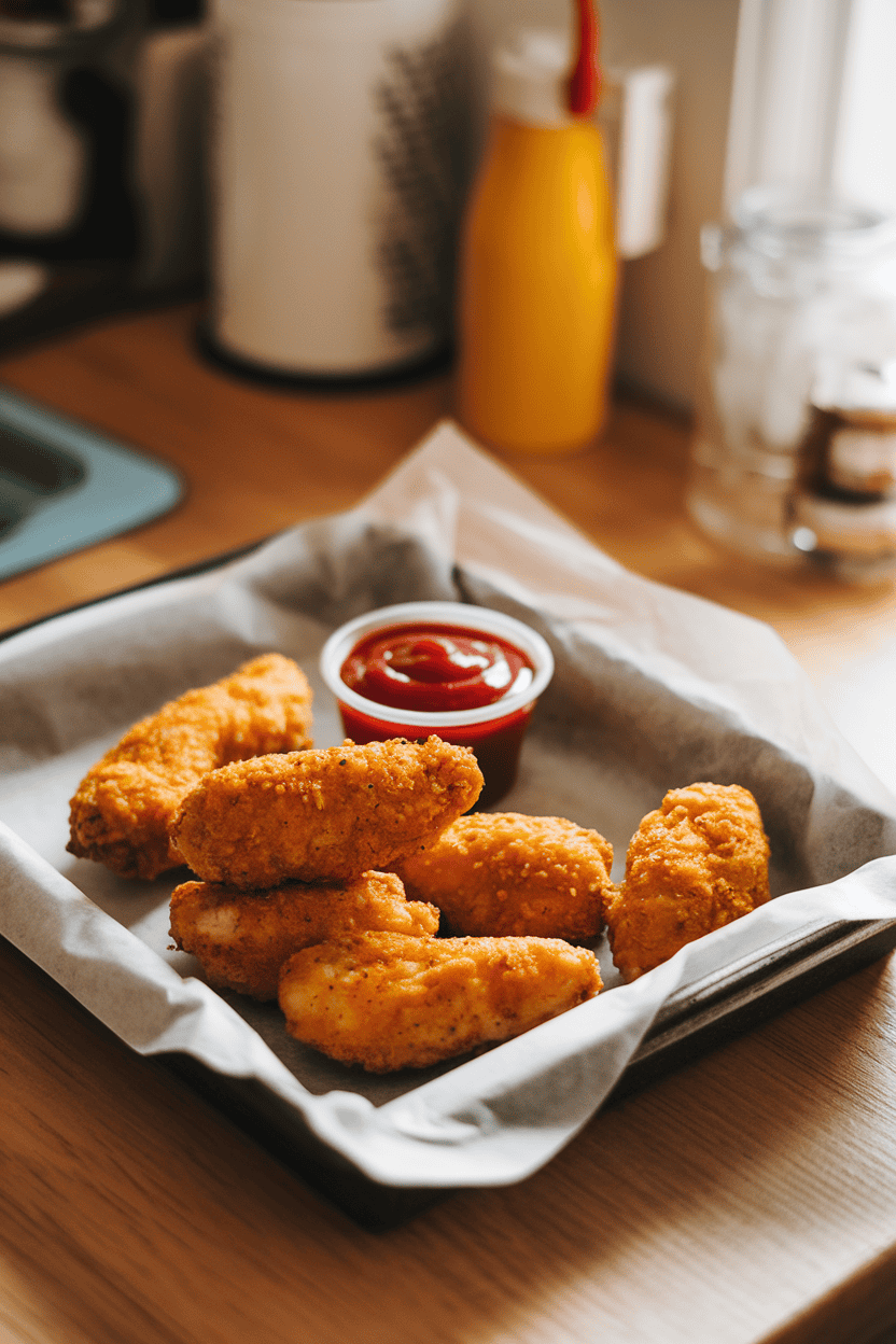 A cozy indoor kitchen table showing a parchment-lined tray of cooked, golden chicken tenders beside a small cup of ketchup. No text or logos visible. Photo, not illustration.