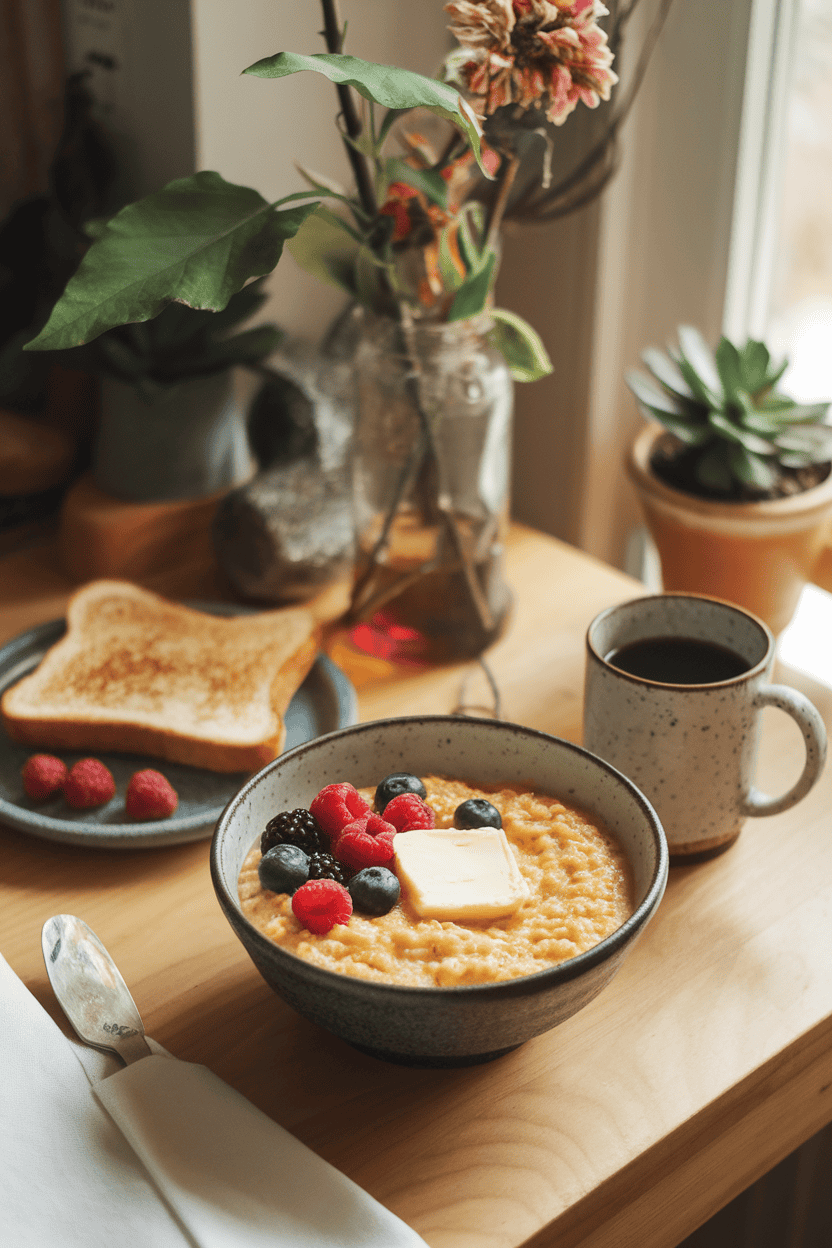 A cozy indoor breakfast table with a bowl of creamy cornmeal porridge topped with fresh berries and a pat of butter. Photo only; no text or logos.