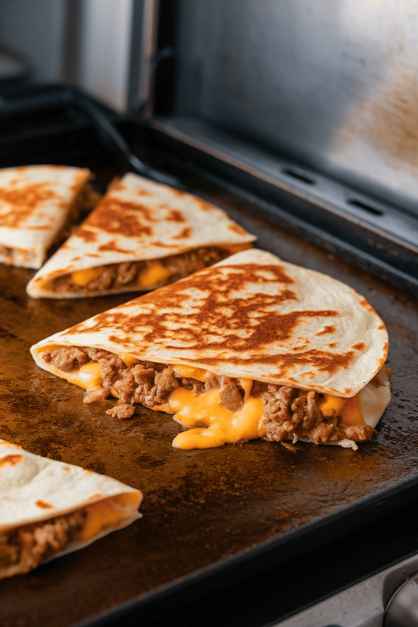 An indoor griddle with golden-brown quesadilla wedges oozing melted cheese and beef; photo, no text or logos.