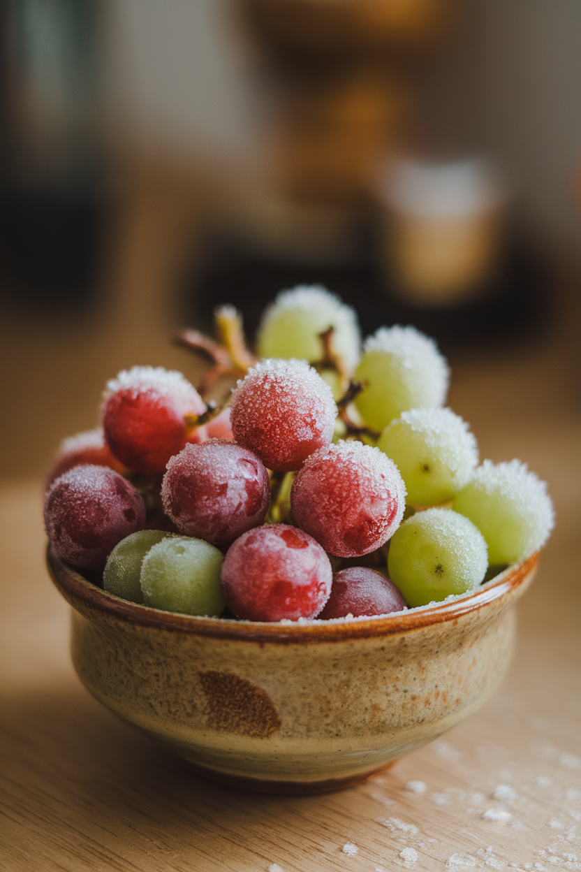 A small indoor bowl filled with frost-kissed red and green grapes, condensation visible on the ceramic, no text or logos.