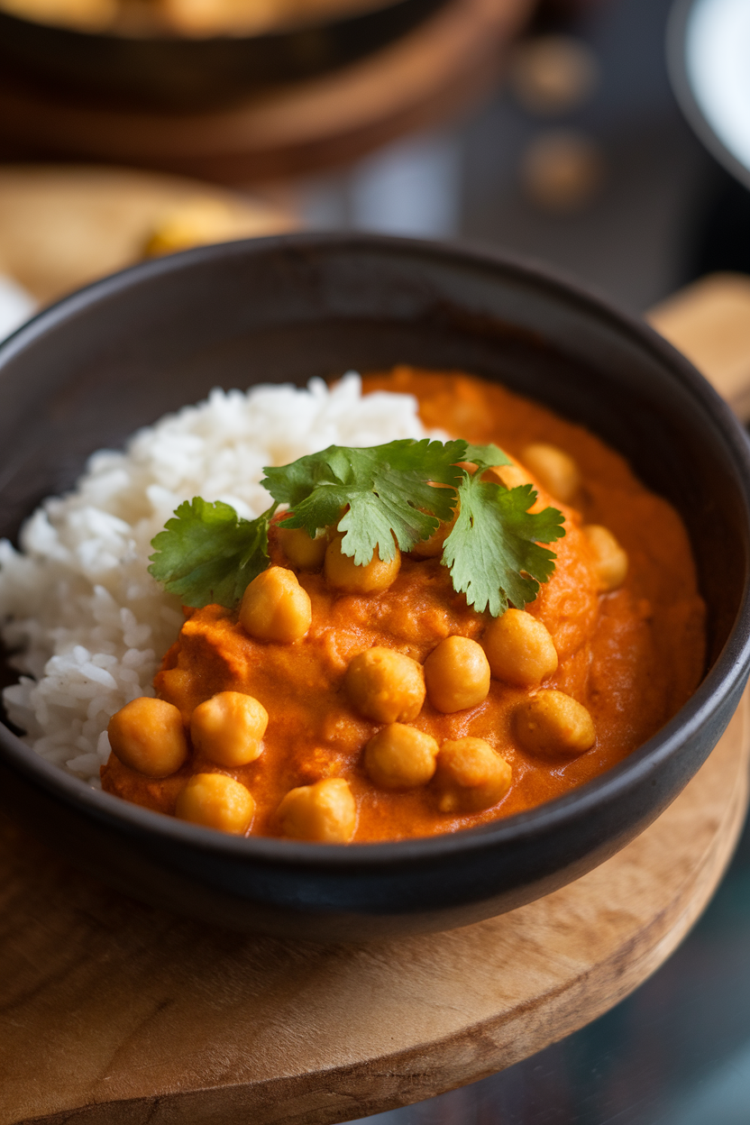 Indoor photo of a deep bowl holding fragrant chickpea curry beside a scoop of rice, garnished with cilantro leaves. No text or branding visible.