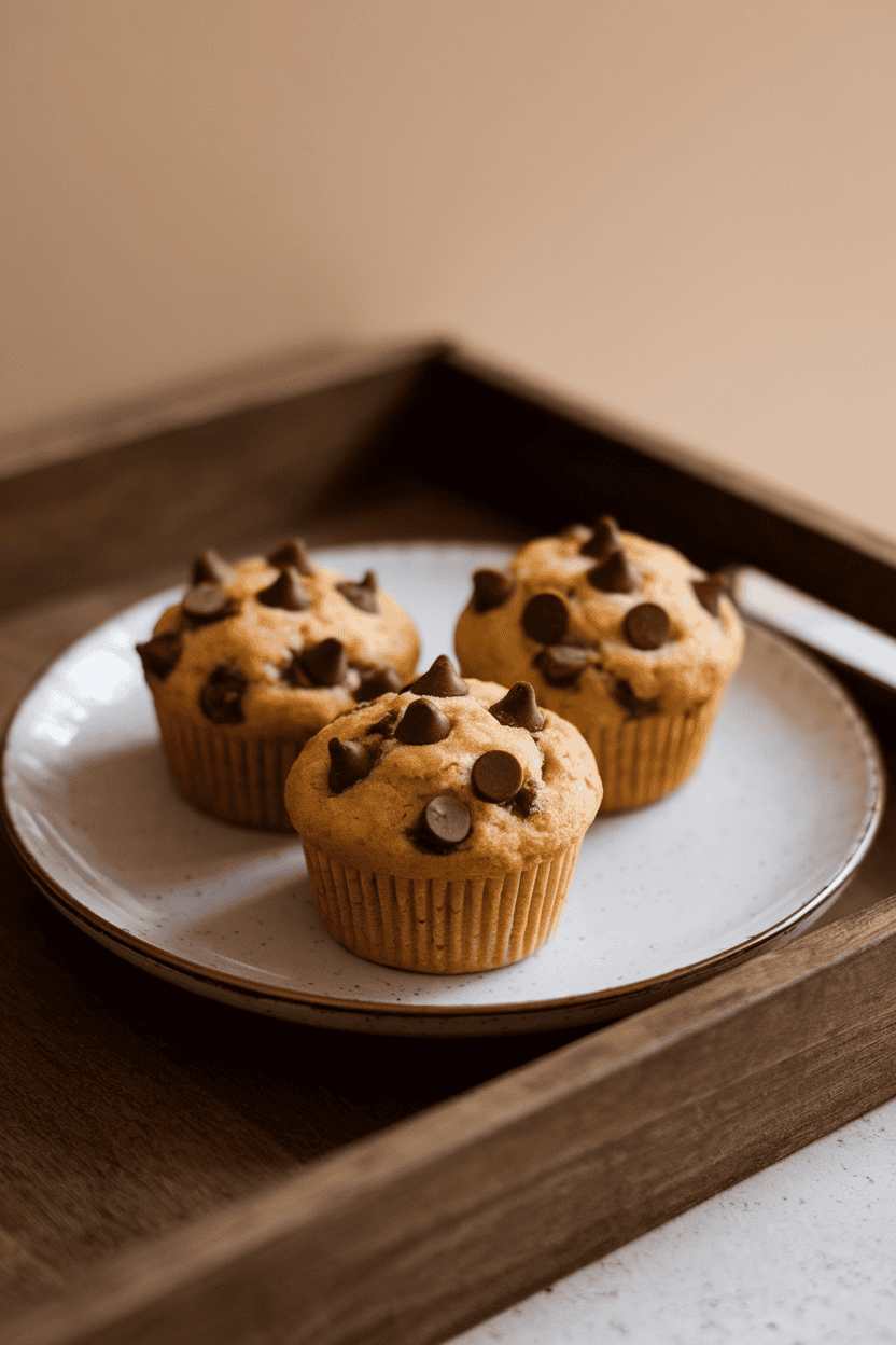 An indoor bakery rack style photo showing three small chocolate chip mini muffins on a white plate, soft even lighting, no text or logos.