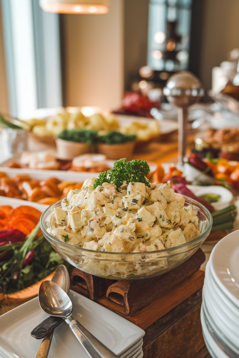 Indoor buffet table featuring a bowl of classic potato salad with parsley garnish, serving spoon alongside. No identifiable branding.