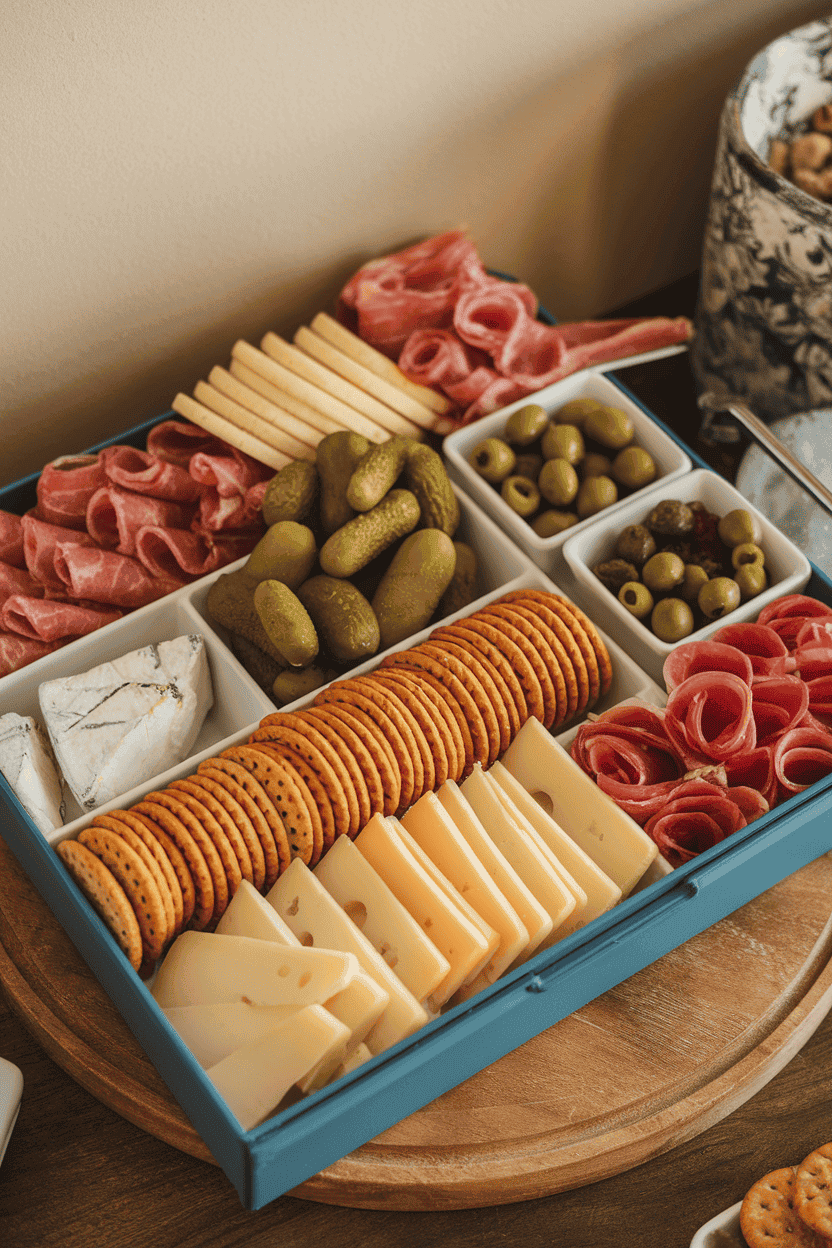 An indoor dining table featuring a compartmentalized tray filled with sliced cheeses, cured meats, crackers, and pickles—arranged like a tackle box. No visible text or logos.