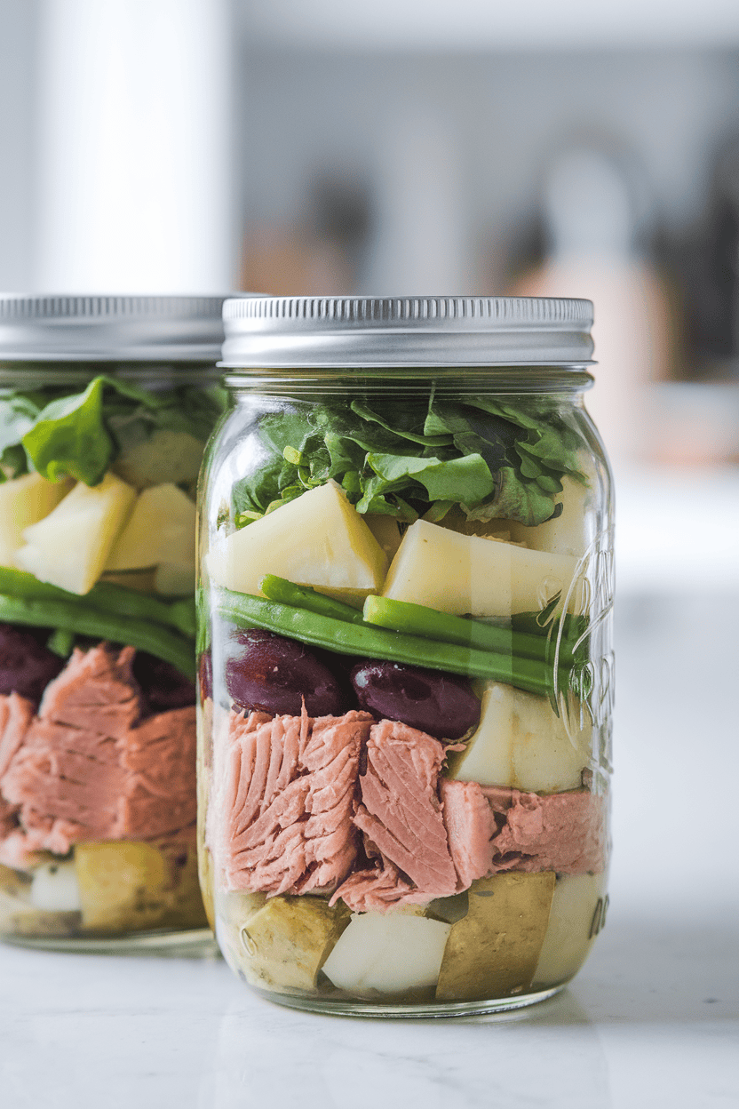 Indoor photo of layered mason jars starting with cooked tuna, green beans, potatoes, olives, and greens on top. Bright kitchen light, no logos.