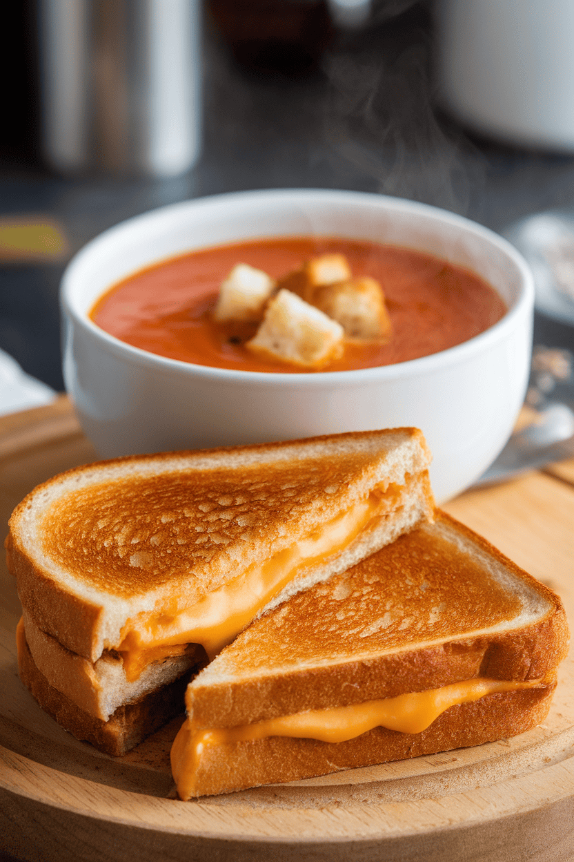 An indoor table set with a classic grilled cheese sandwich cut diagonally beside a steaming bowl of creamy tomato soup. No logos or text present.