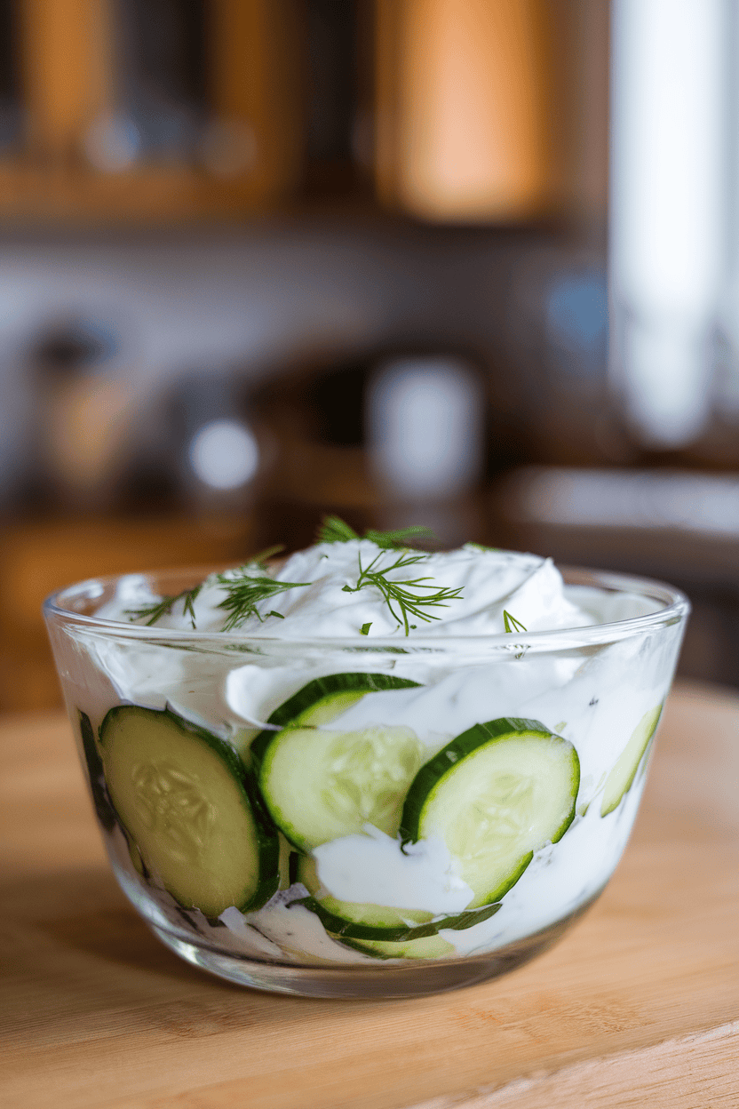 Indoor close-up of a glass bowl filled with sliced cucumbers folded into creamy yogurt and sprinkled with chopped dill. Photo only, no text or logos.
