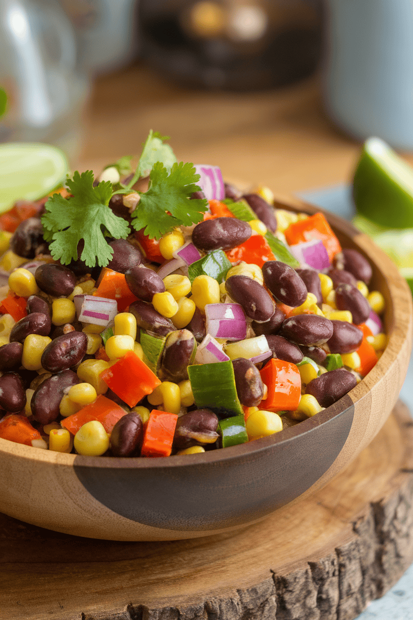 An indoor serving bowl containing black beans, diced bell peppers, corn, red onion, and cilantro tossed in a cumin-lime dressing. Photo only, no text or logos.