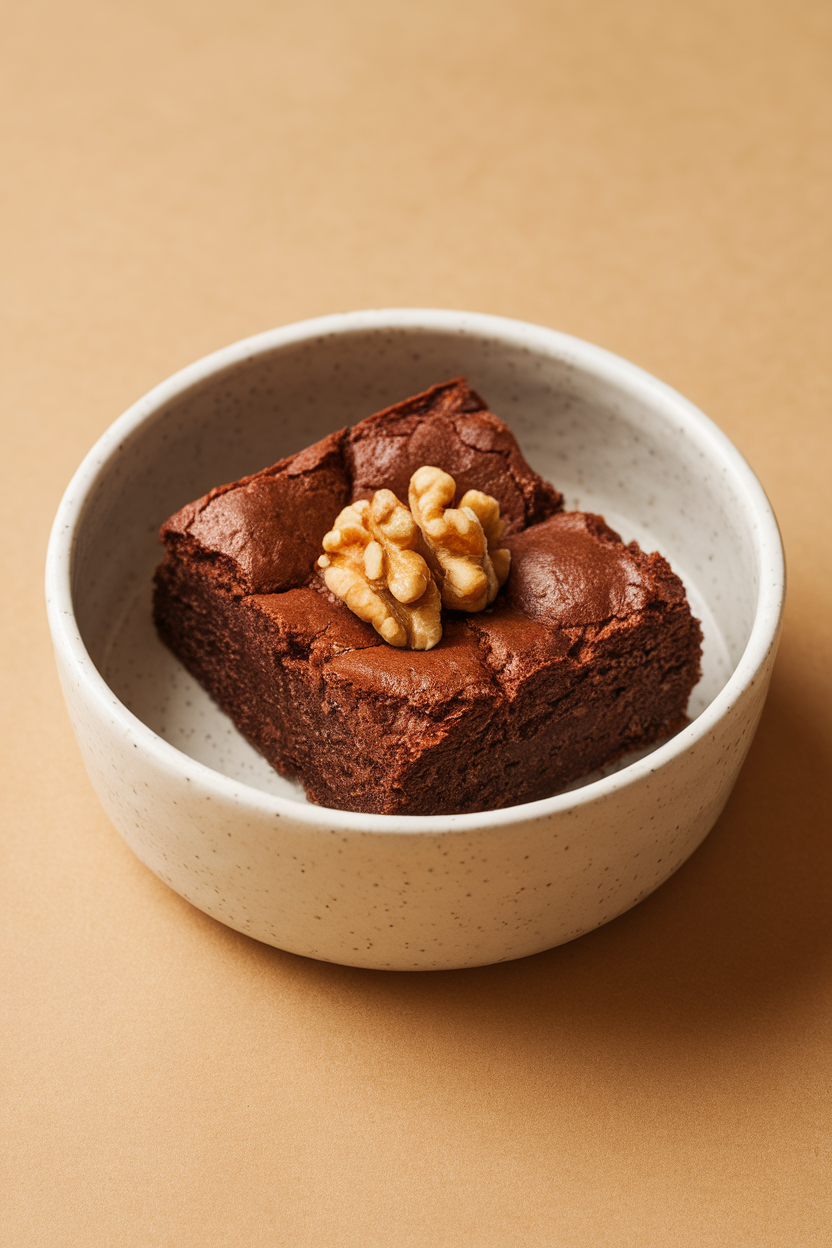 Indoor photo of a white cereal bowl with a rich, fudgy brownie center slightly molten, topped with a few walnuts. No text or logos anywhere.