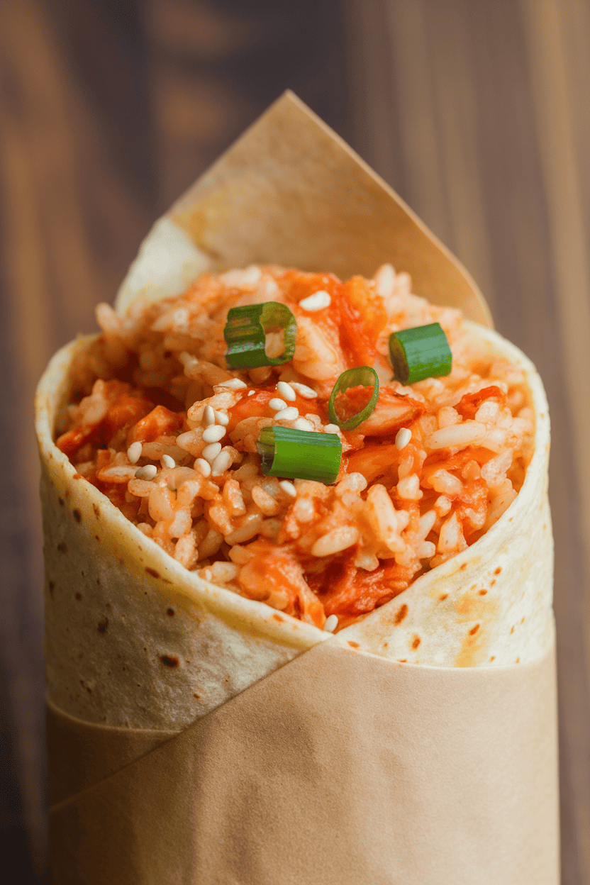 Indoor stovetop shot of a burrito showing kimchi fried rice speckled with green onions and sesame seeds. No text or logos. Photo, not illustration.