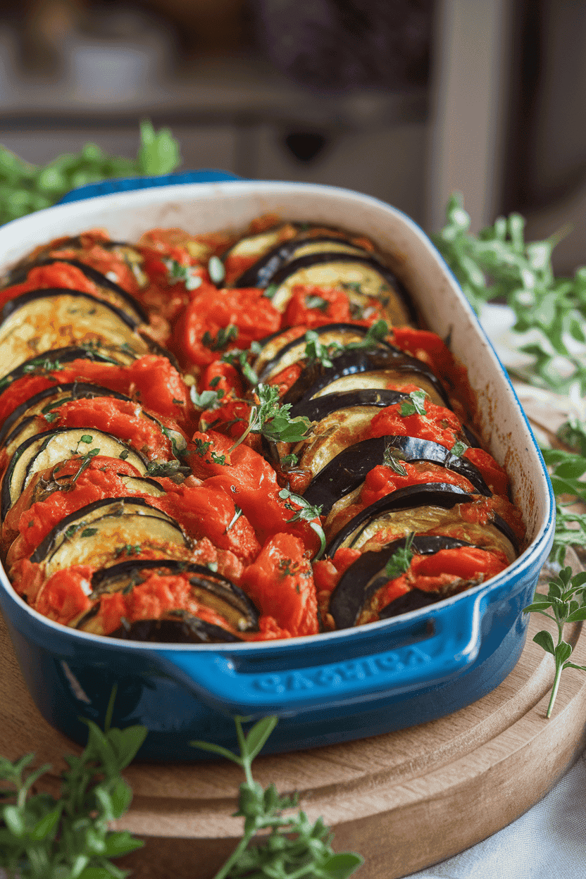 An indoor casserole dish of cooked ratatouille featuring eggplant, zucchini, and tomatoes in herb-flecked sauce—photo, no text or logos.