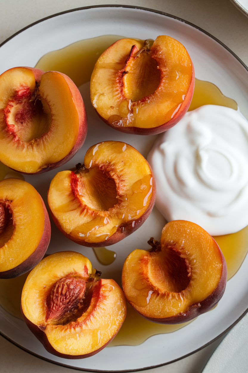 Indoor photo of halved roasted peaches on a plate drizzled with honey, dollop of yogurt on the side; overhead light; no text or logos. Photo, not illustration.