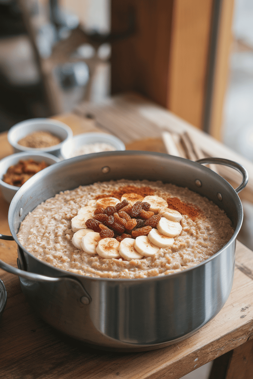 Indoor photo of a large pot of cooked oatmeal on a table, surrounded by small bowls of raisins, sliced bananas, and cinnamon. No text or logos visible.