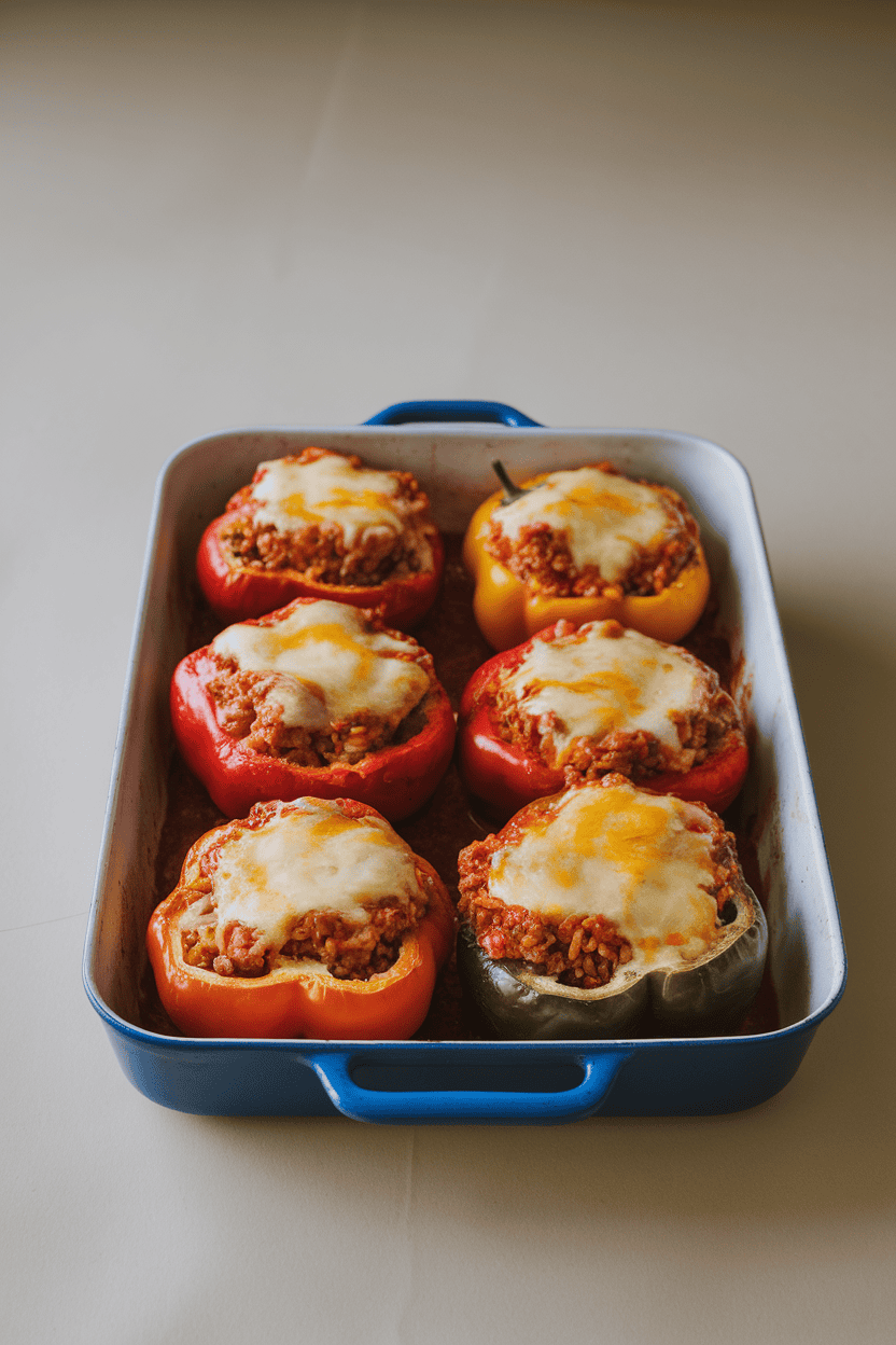 Indoor kitchen table with a baking dish of cooked bell peppers stuffed with beef, rice, and tomato sauce, cheese melted on top; warm light, no logos or text, photo only.