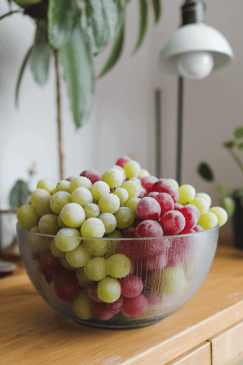 Indoor bowl filled with frost-kissed green and red grapes straight from the freezer, condensation visible. No text or logos, photo only, indoor setting.