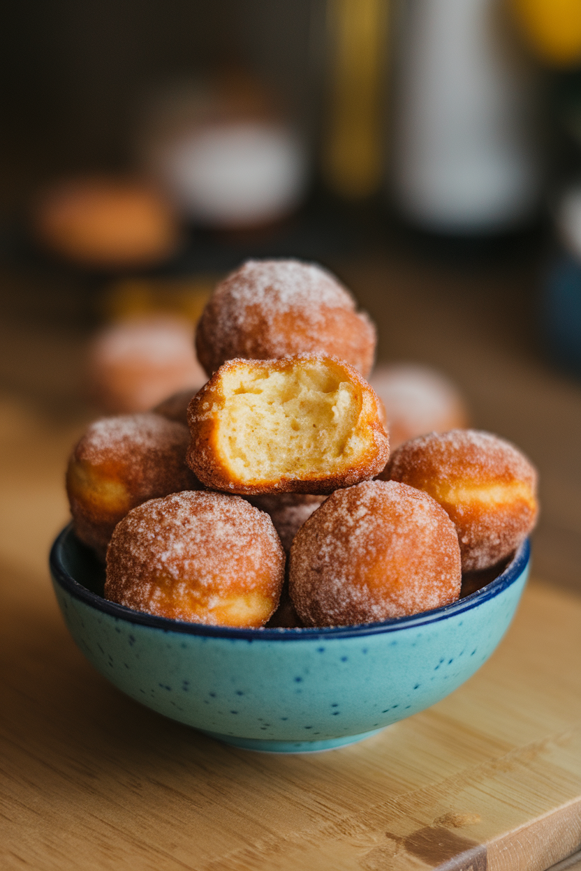 Indoor photo of a small bowl piled high with cinnamon-sugar coated baked donut holes, one bitten to show fluffy interior; soft warm lighting; no text or logos. Photo, not illustration.